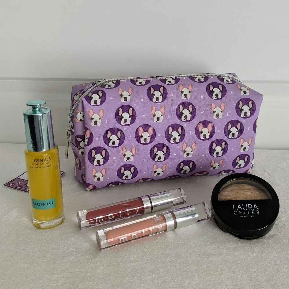 Boston Terrier Frenchie Cosmetic Bag Case Saffiano Vinyl Purple Lined NWT